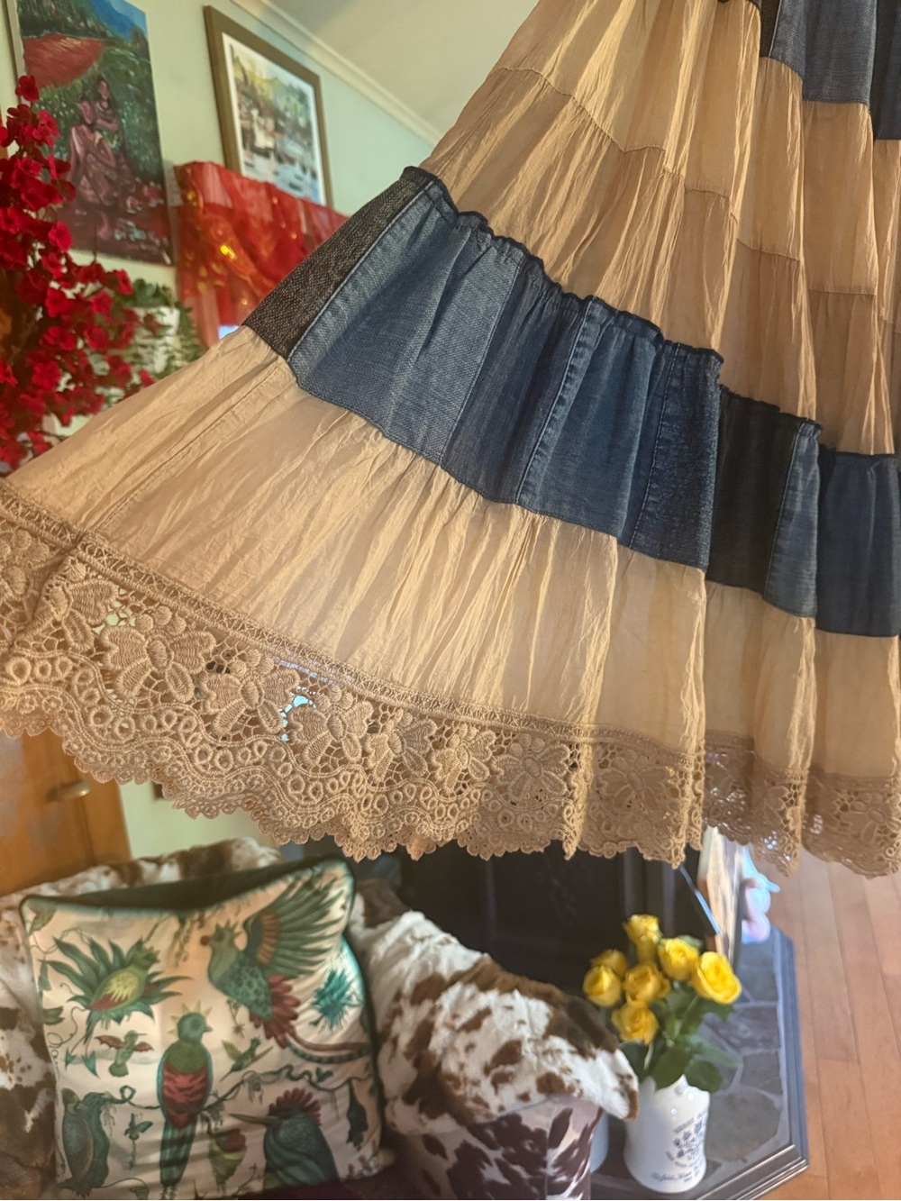 Women’s Tiered Beige and Navy Cotton Skirt - Picture 2 of 3
